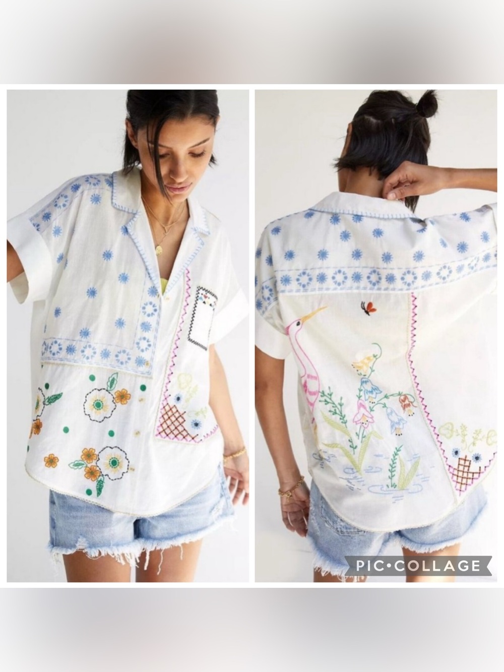 Anthropologie Embroidered Surf Button Down Cotton Top Size 2X